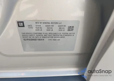 2013 Chevrolet Cruze Ls Auto z USA, uszkodzony, nr VIN 1G1PA5SH9D7186414